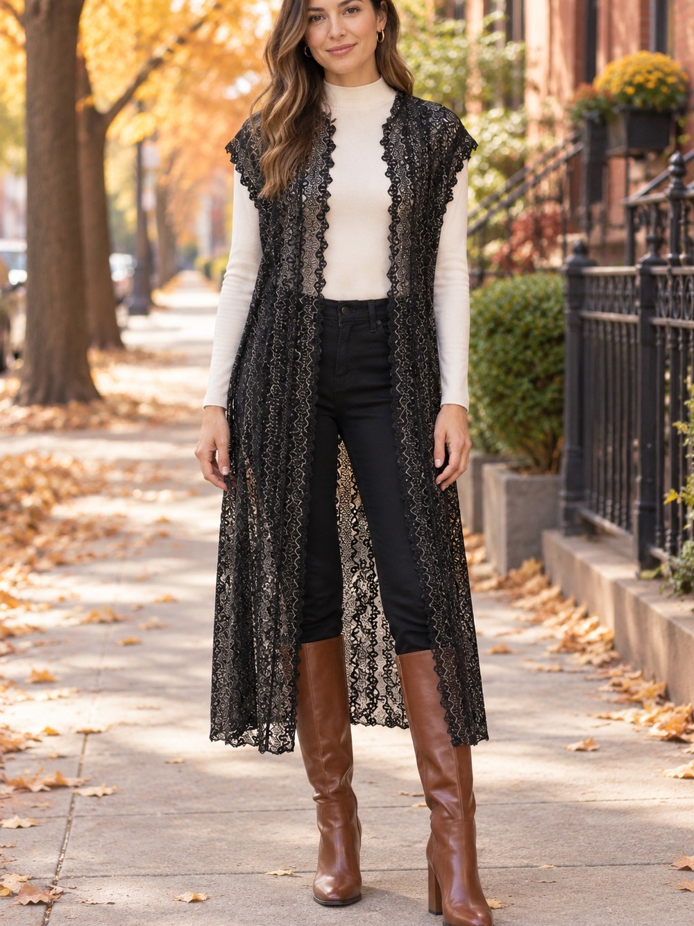 Original Anthony Black Lace Long Duster Vest Size L Open Front Sheer Boho